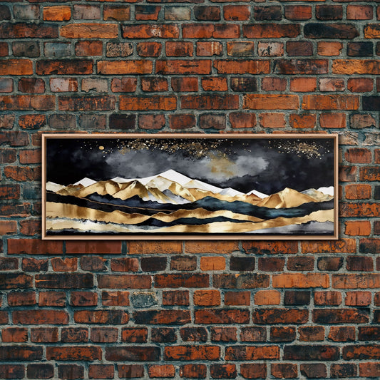 Black & Gold Mountain Landscape Painting, Framed Canvas Print, Panoramic Art, Extra Wide Art, Center Piece Decor, Above Fireplace or Sofa