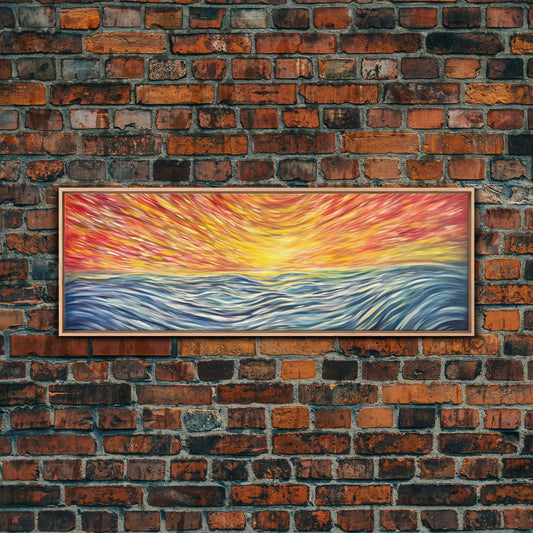 Large Textured Nature Abstract Wall Art, Sunset Over Sea Abstract, Yellow, Blue, Horizon, Wall Decor, Panoramic, Wall Art, Canvas Print