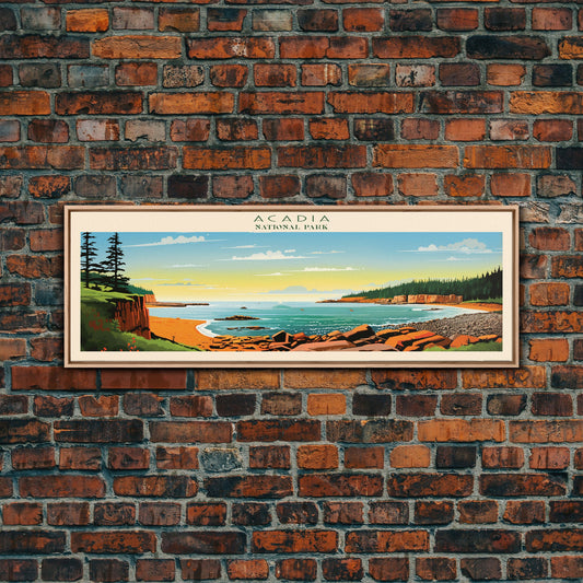 Acadia National Park Panoramic Maine Travel Art, National Park Print, Minimalist Travel Art, Subdued Watercolor Painting Panoramic