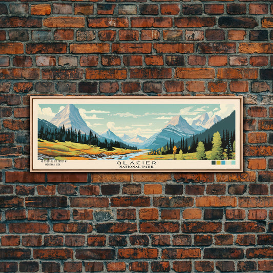 Glacier National Park Panoramic Montana Travel Art, National Park Print, Minimalist Travel Art, Subdued Watercolor Painting Panoramic