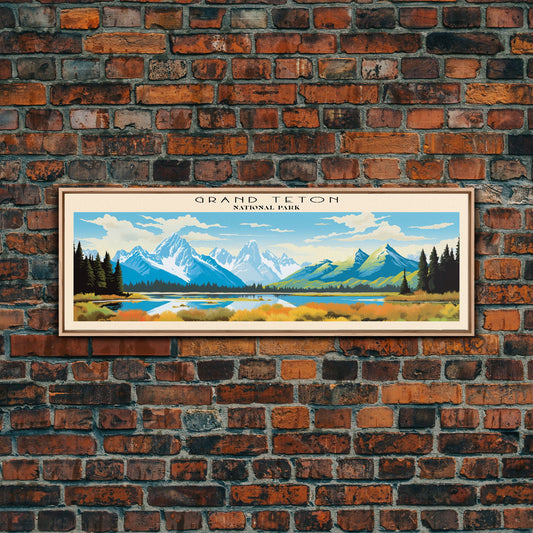 Grand Teton National Park Panoramic Wyoming Travel Art, National Park Print, Minimalist Travel Art, Subdued Watercolor Painting Panoramic