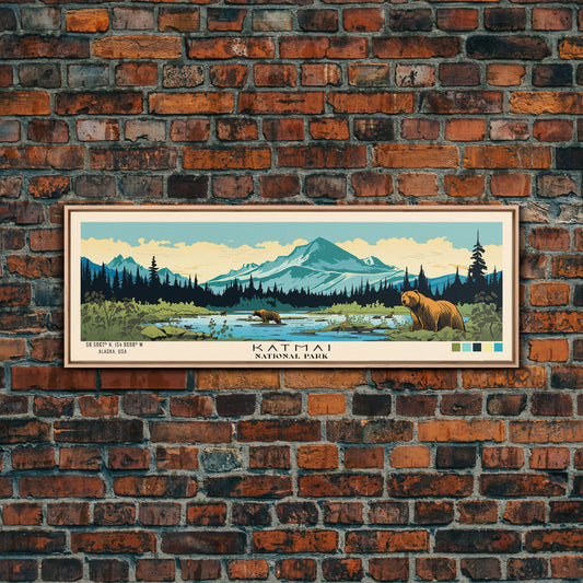 Katmai National Park Panoramic Alaska Travel Art, National Park Print, Minimalist Travel Art, Subdued Watercolor Painting Panoramic