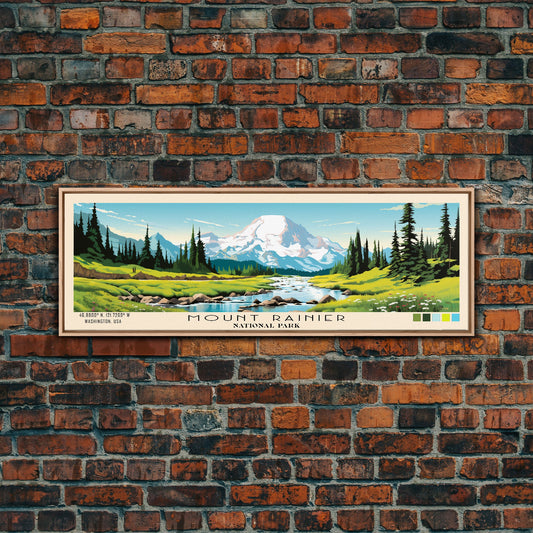 Mount Rainier National Park Panoramic Travel Art, National Park Print, Minimalist Travel Art, Subdued Watercolor Painting Panoramic