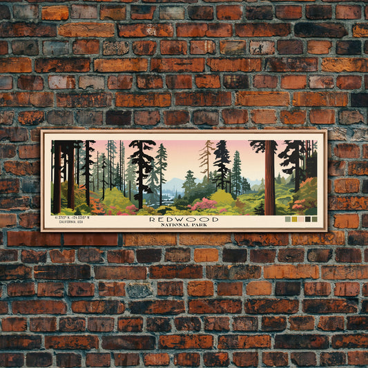 Redwood National Park Panoramic California Travel Art, National Park Print, Minimalist Travel Art, Subdued Watercolor Painting Panoramic