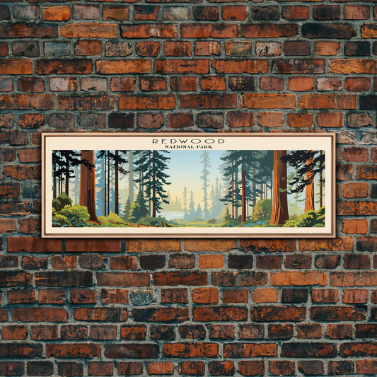 Redwood National Park Panoramic California Travel Art, National Park Print, Minimalist Travel Art, Subdued Watercolor Painting Panoramic