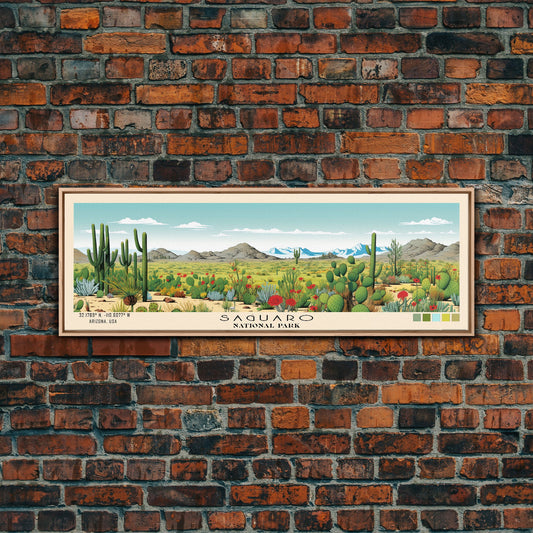Saguaro National Park Panoramic Arizona Travel Art, National Park Print, Minimalist Travel Art, Subdued Watercolor Painting Panoramic