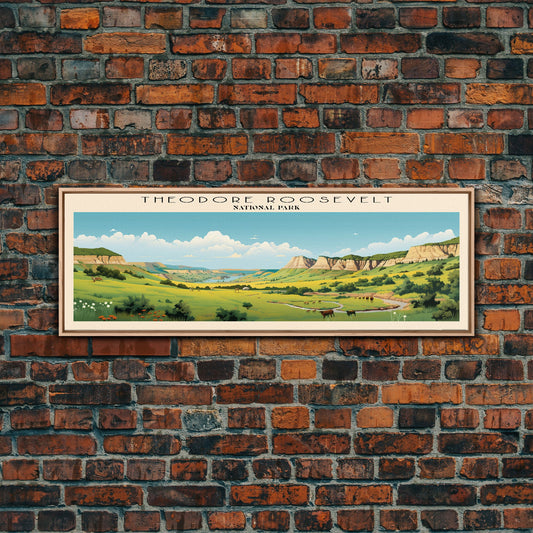 Theodore Roosevelt National Park Panoramic Travel Art, National Park Print, Minimalist Travel Art, Subdued Watercolor Painting Panoramic