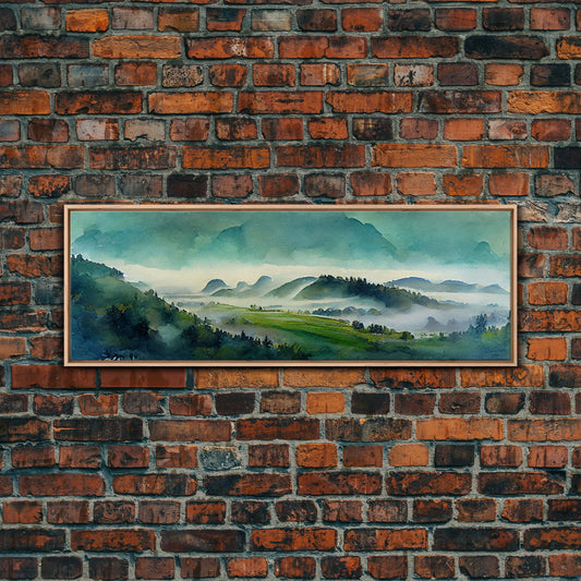 Emerald Green Landscape Watercolor, Ready To Hang Canvas Print, Panoramic Art, Cool Wall Decor
