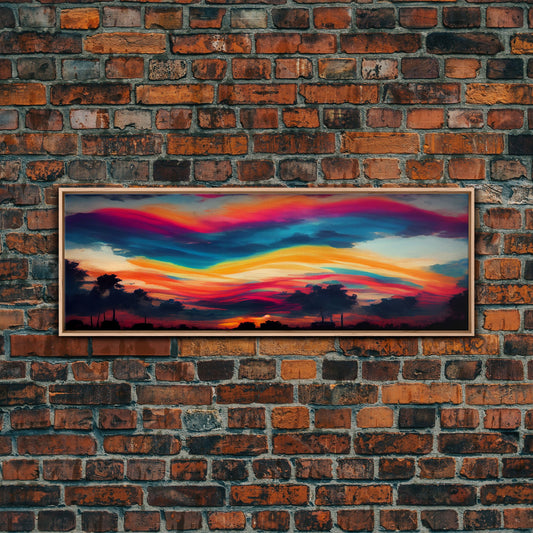 Beautiful Panoramic Sunset Watercolor, Extra Large Wall Art, Framed Panoramic Canvas Print, Framed Wall Art