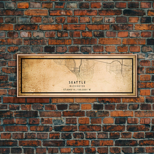 Panoramic Old Seattle City Map Wall Art Canvas Print, Vintage Style Seattle Map, Framed Wall Art, Cool Seattle Wall Art, Office Decor