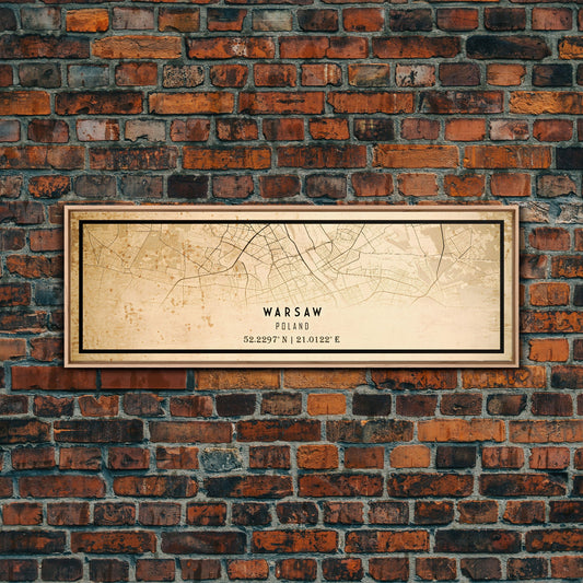 Panoramic Warsaw Poland Street Map Canvas Print, Warsaw Poster Art, Framed Canvas Art, Office Wall Art, Vintage Style Map, Office Decor