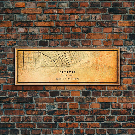 Panoramic Old Detroit City Map Wall Art Canvas Print, Vintage Style Map, Framed Wall Art, Cool Detroit Michigan Wall Art, Office Decor