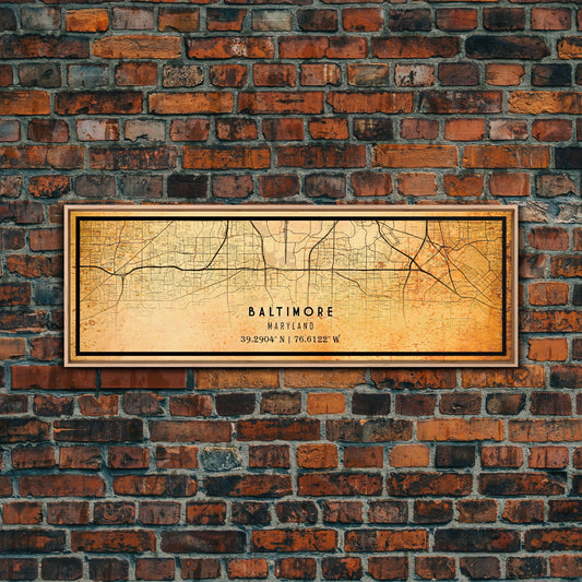 Panoramic Old Baltimore City Map Wall Art Canvas Print, Vintage Style Map, Framed Wall Art, Cool Baltimore Maryland Wall Art, Office Decor