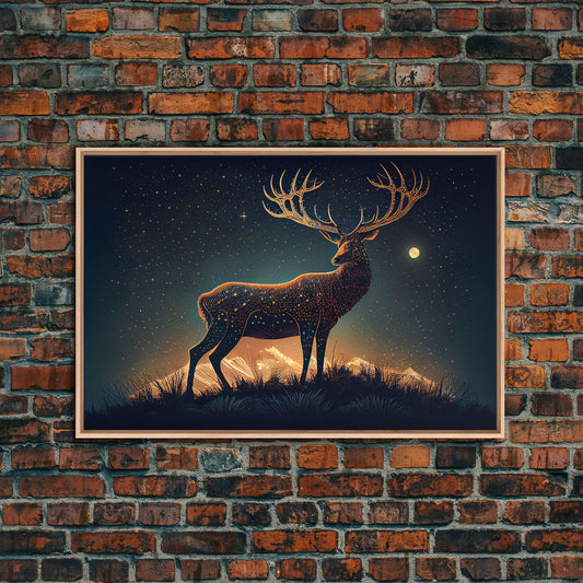 Deer made of stars, reflection stag, framed canvas print, unique wall art