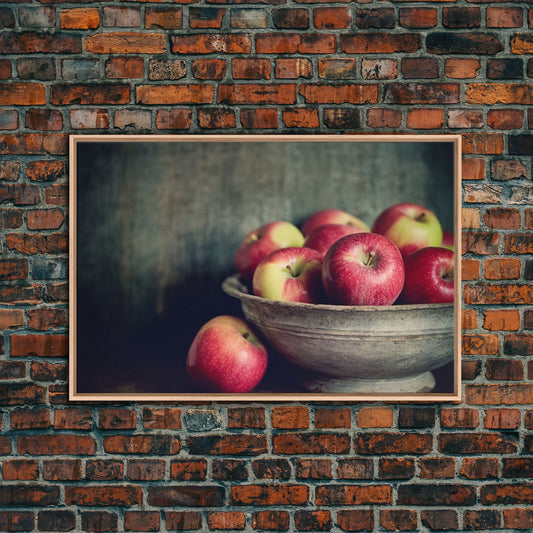 Farmhouse Kitchen Art, Framed Canvas Print, Still Life of Apples In A Rustic Bowl, Photography Print, Kitchen Decor, Rustic Country Kitchen