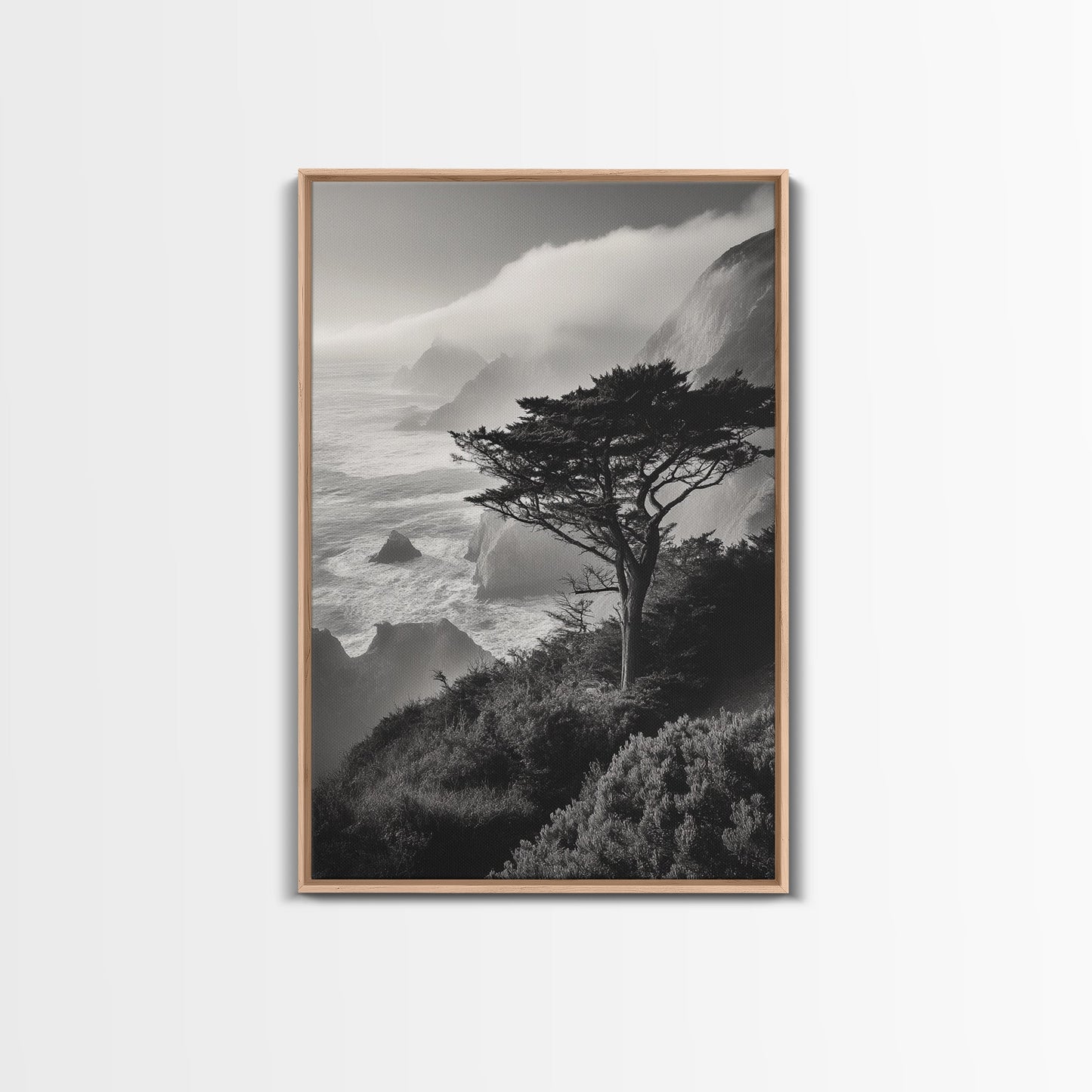 Tree On Cliffs, Foggy Coastline, Monochrome Coastal View, Moody Nature Scene, Framed Canvas Print, Bedroom Wall Art, Earthy Minimalist Decor