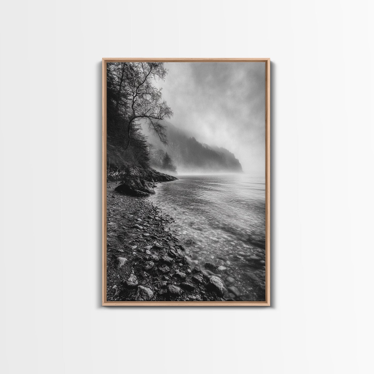 Foggy Coast, Moody Shore, Tranquil Pebbles, Forest Water, Framed Canvas Print, Bathroom Wall Art, Nature Photography Style, Calm Retreat Decor