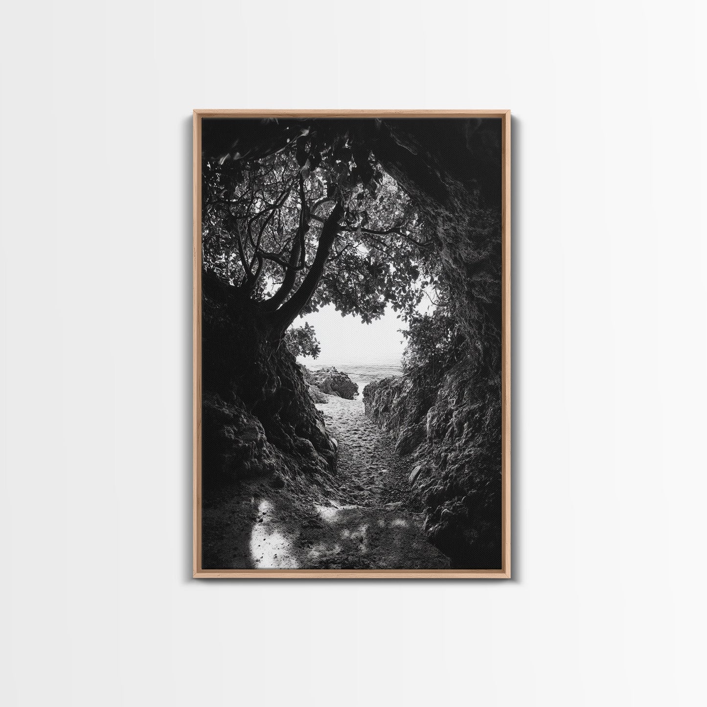 Hidden Beach, Cave Entrance, Secret Shoreline, Natural Light, Canvas Print, Bathroom Wall Decor, Travel Inspired Art, Black And White
