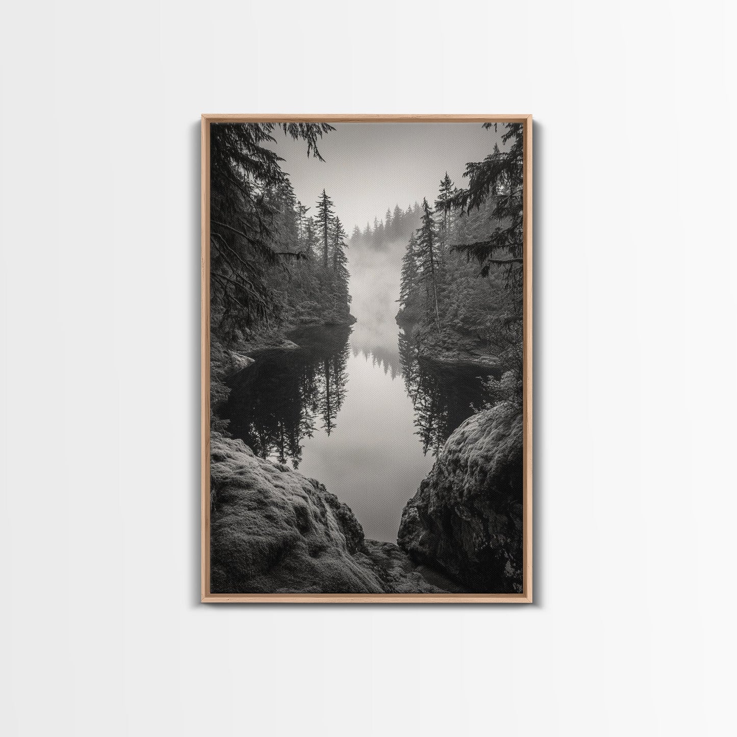 Misty Forest, River Reflection, Foggy Pines, Mountain Silence, Framed Canvas Print, Bedroom Wall Art, Tranquil Nature Photography, Zen Decor