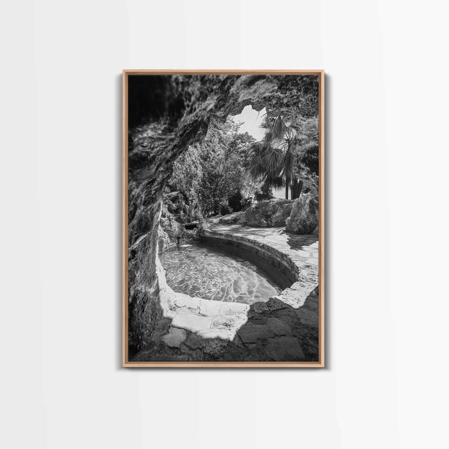 Hidden Pool Grotto, Tropical Oasis, Black and White Photo, Canvas Print, Spa Bathroom Art, Zen Vibes, Modern Nature Wall Decor