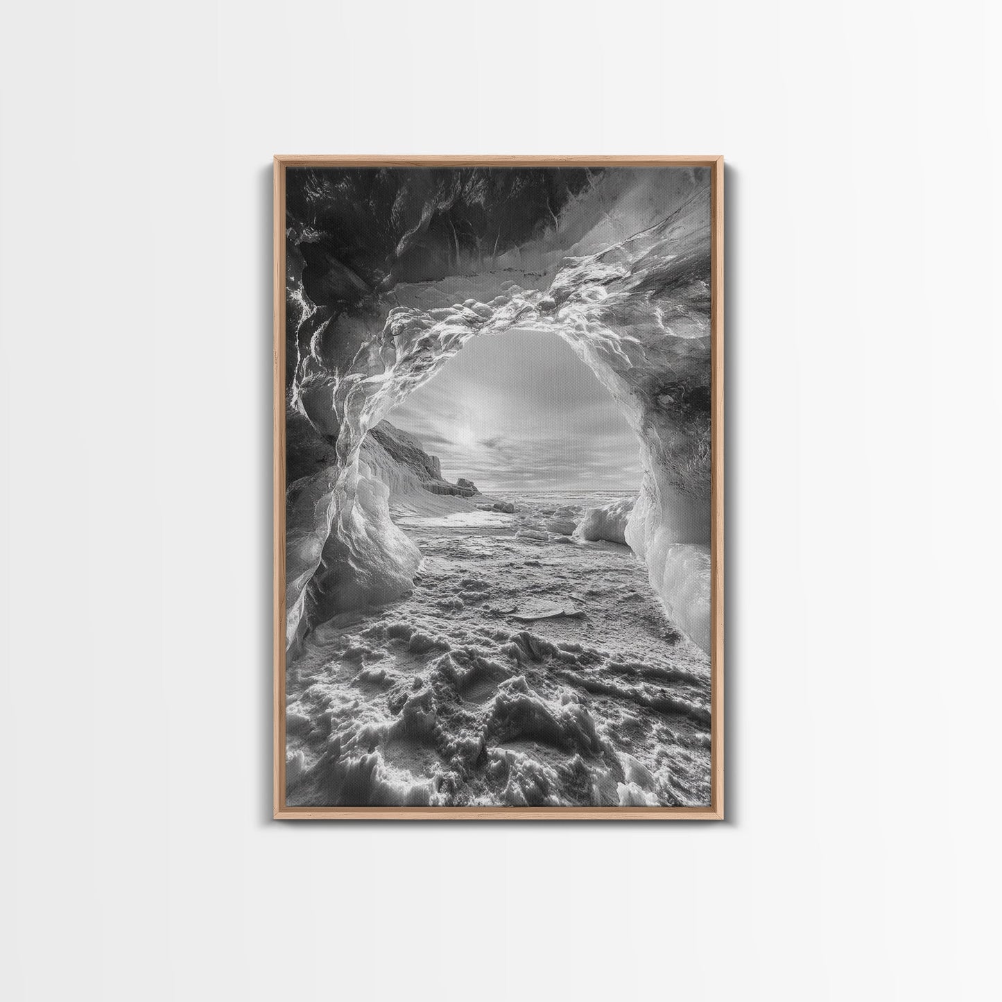 Ice Cave Opening, Winter Wonderland, Arctic Light, Framed Canvas Print, Bedroom Wall Art, Nordic Landscape, Minimalist Winter Art