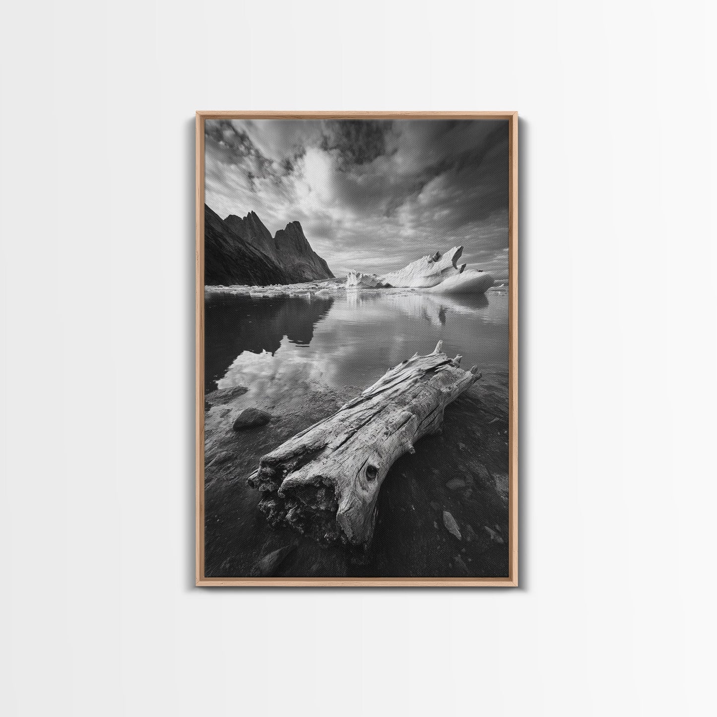 Arctic Driftwood View, Iceberg Horizon, Moody Mountains, Framed Canvas Print, Office Wall Art, Monochrome Nature, Nordic Aesthetic