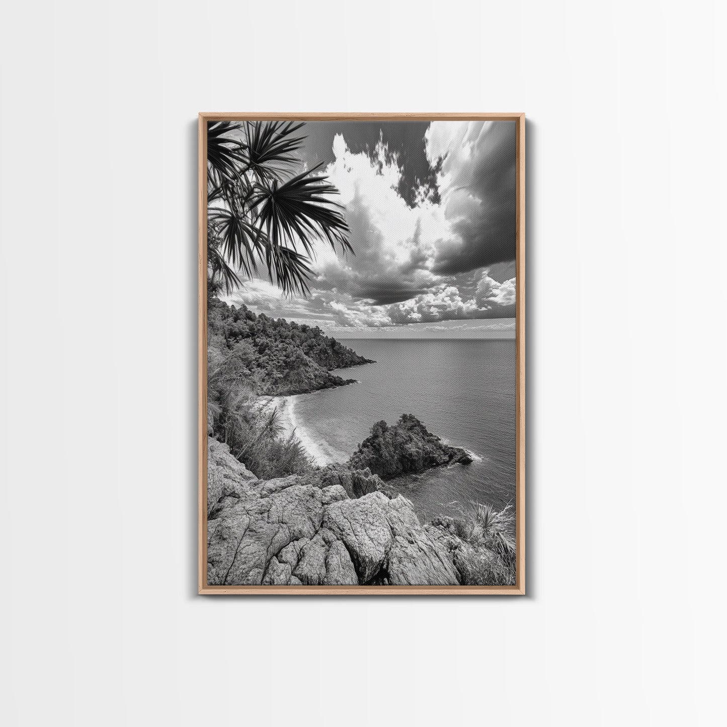 Island View Cliffs, Tropical Shoreline, Black and White Seascape, Framed Canvas Print, Bathroom Art, Travel Decor, Coastal Vibe