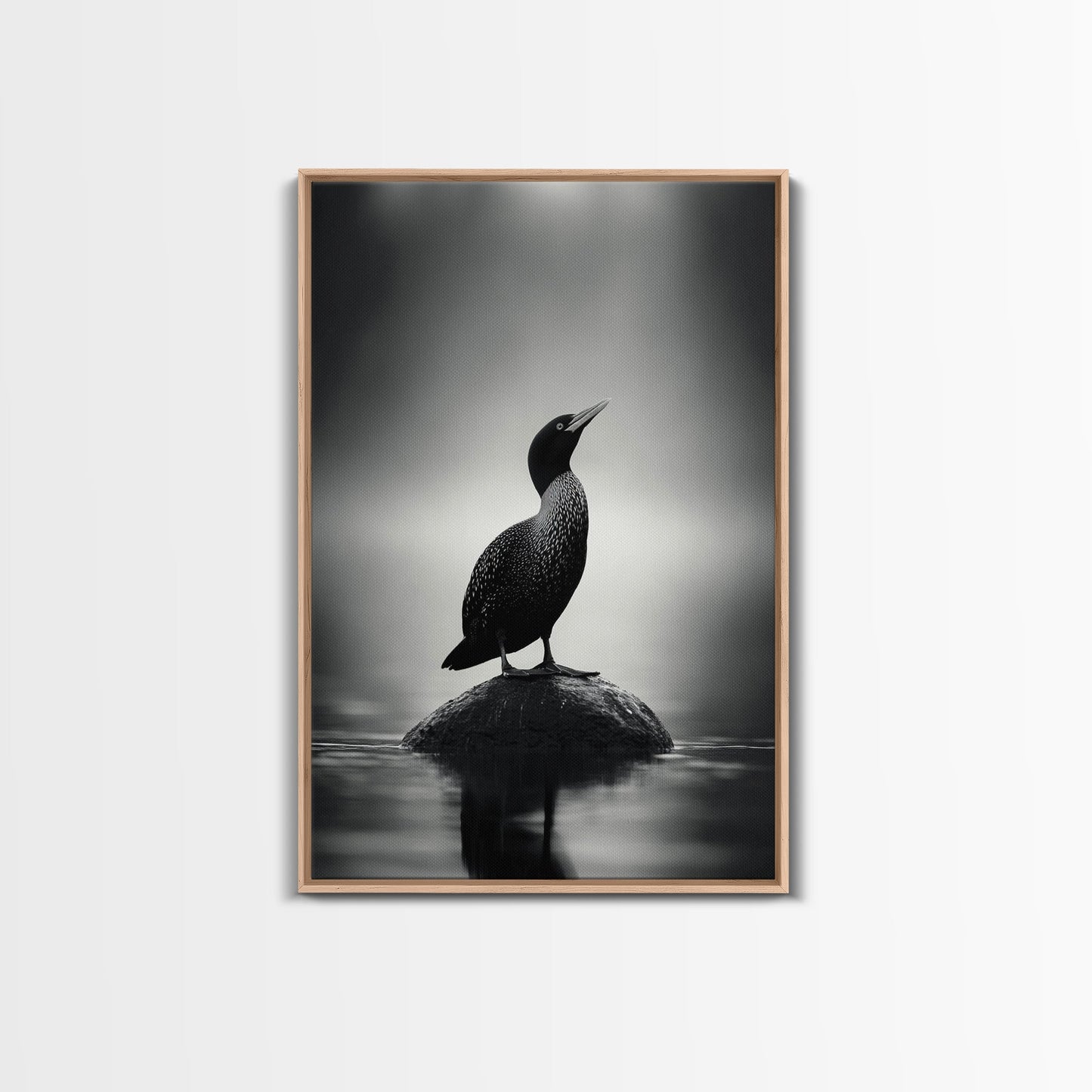 Loon on Rock, Morning Mist, Water Bird Focus, Canvas Print, Minimalist Animal Art, Office Decor, Tranquil Lake Scene Wall Art