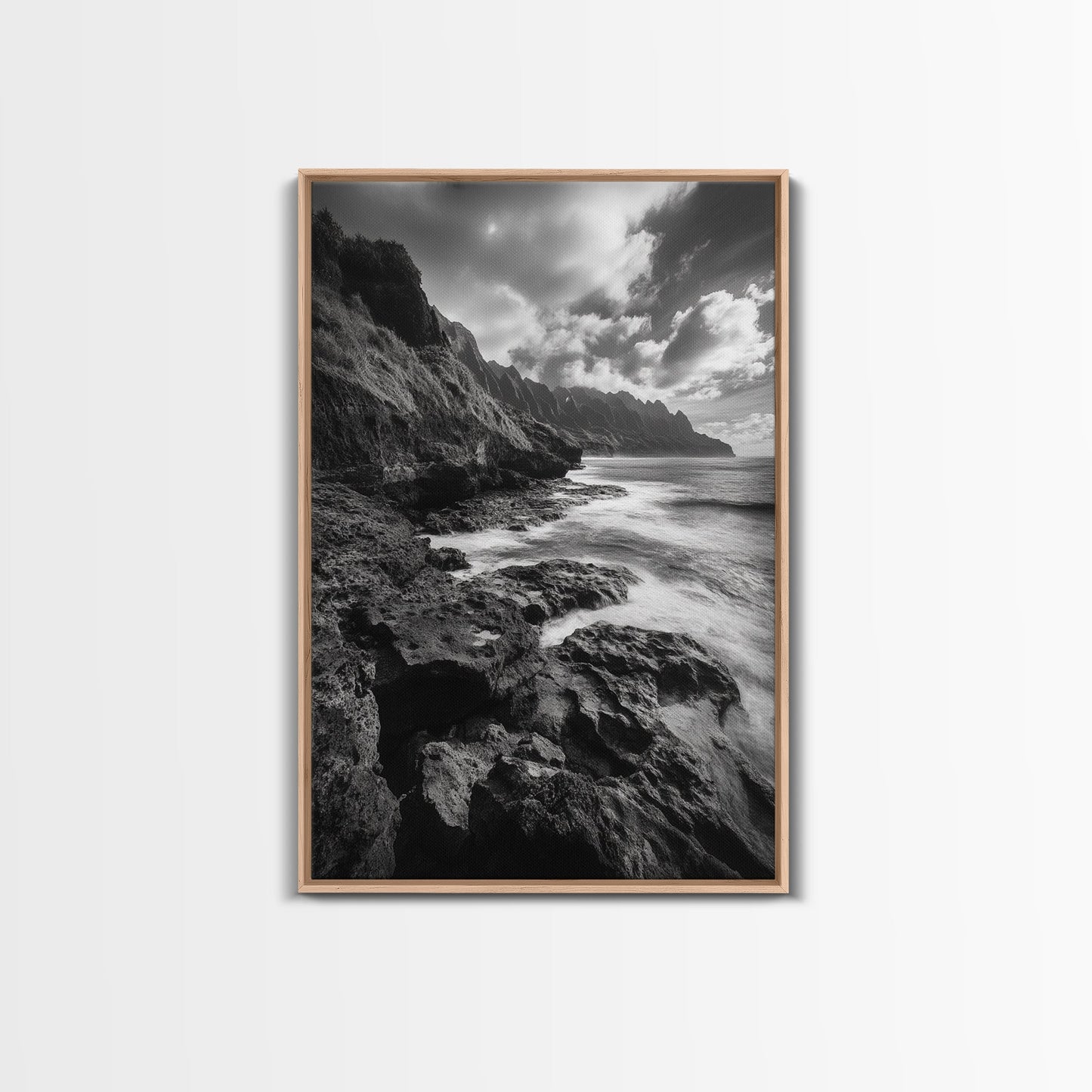 Coastal Cliffs, Ocean Horizon, Wild Waves, Framed Canvas Print, Bathroom Wall Art, Black and White Seascape, Coastal Decor, Moody Art