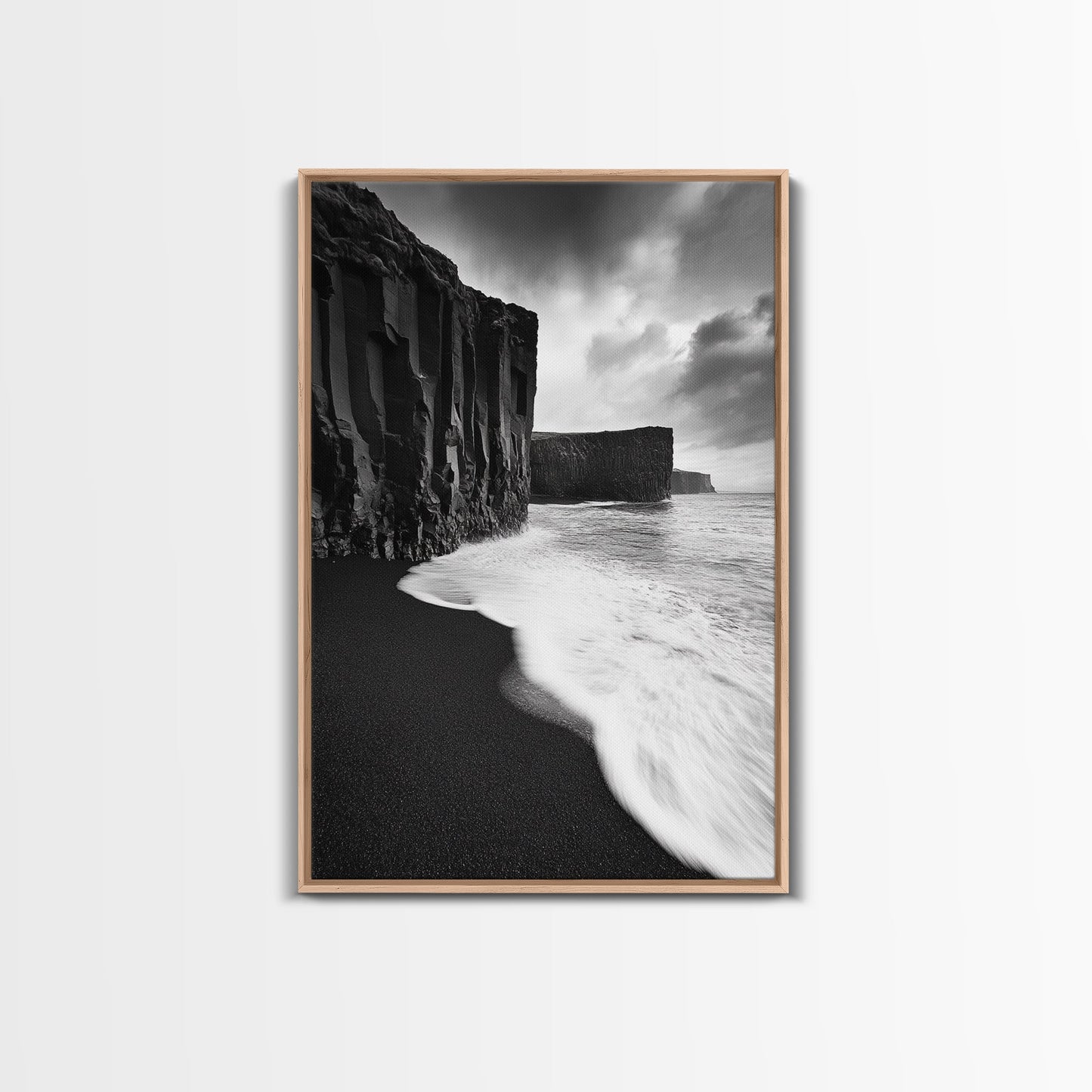 Ocean Cliffs, Black Sand, Moody Coast, Rugged Shoreline, Framed Canvas Print, Icelandic Wall Art, Adventure Decor, Modern Nature Art