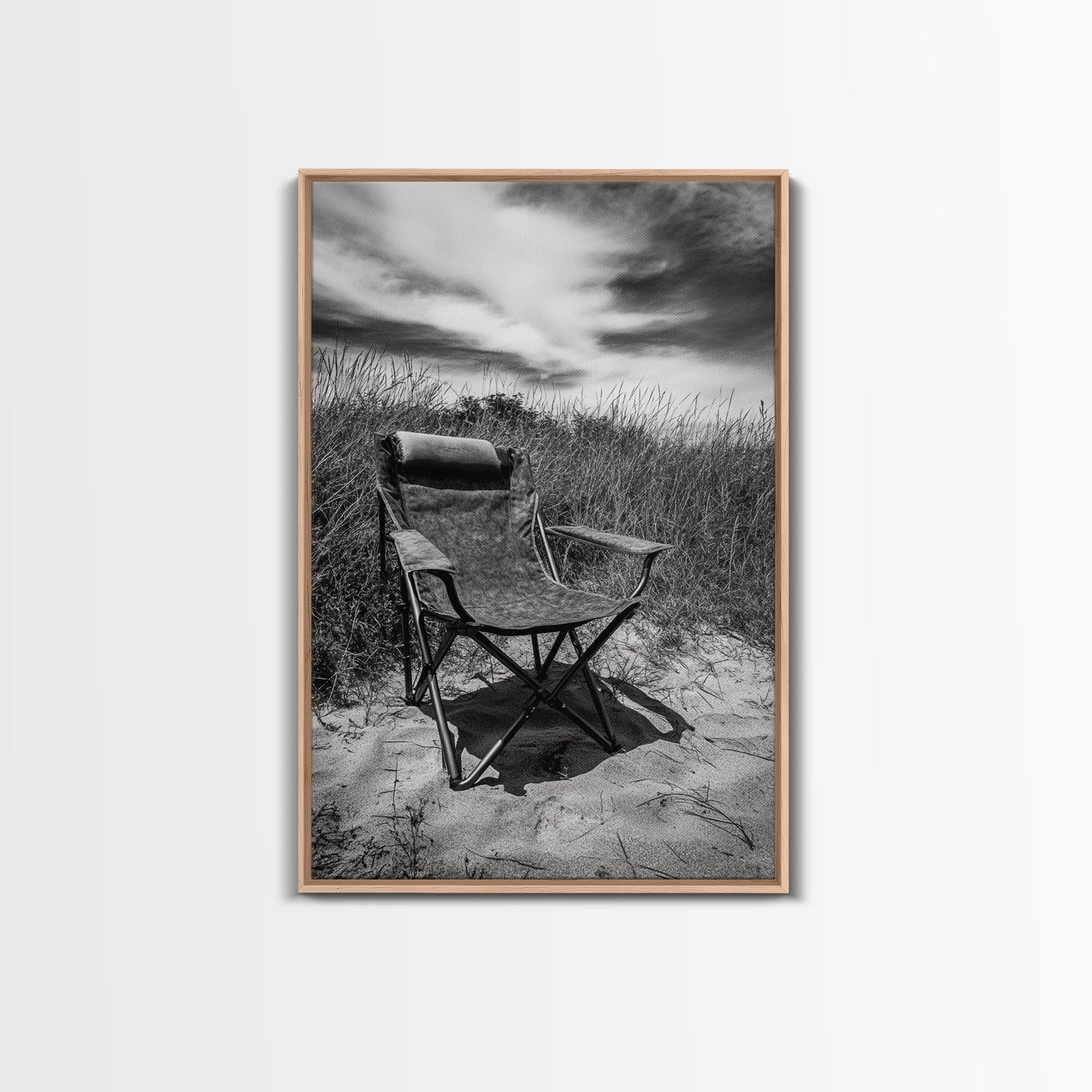 Deserted beach chair, quiet coast vibes, windswept scene, peaceful solitude, Canvas Print, hallway decor, rustic retreat outdoor artwork