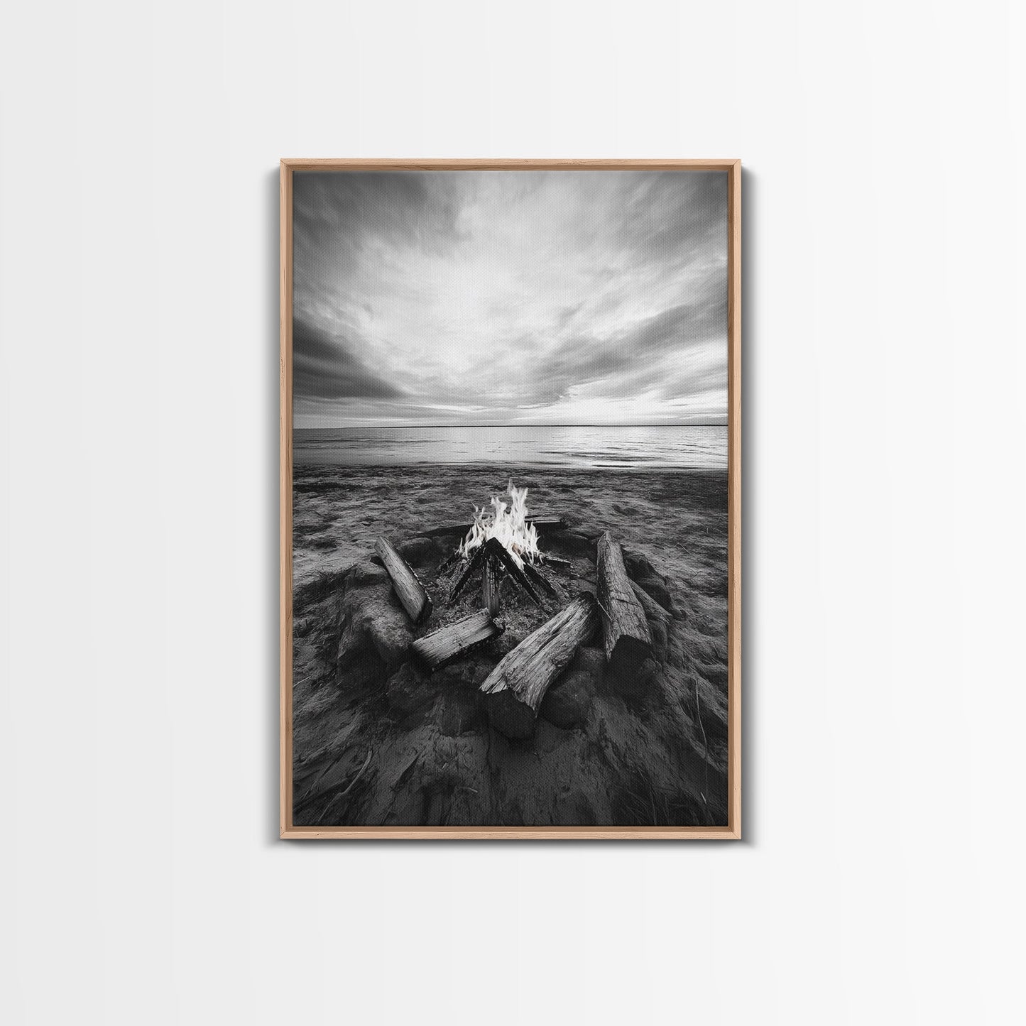 Coastal campfire glow, serene seaside bonfire, sunset flames, sandy warmth, Framed Canvas Print, Fall decor, cozy cabin wall art