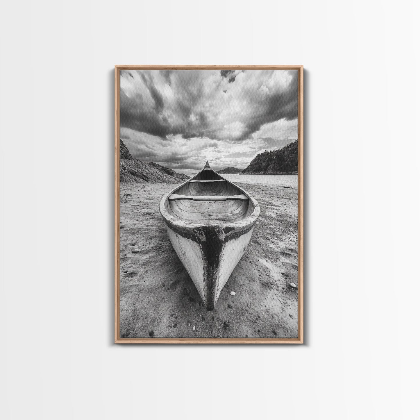 Canoe, Shoreline, Dramatic, Sky - canoe landscape Canvas Print, rustic wall art, entryway decor, nature photography, monochrome mountain