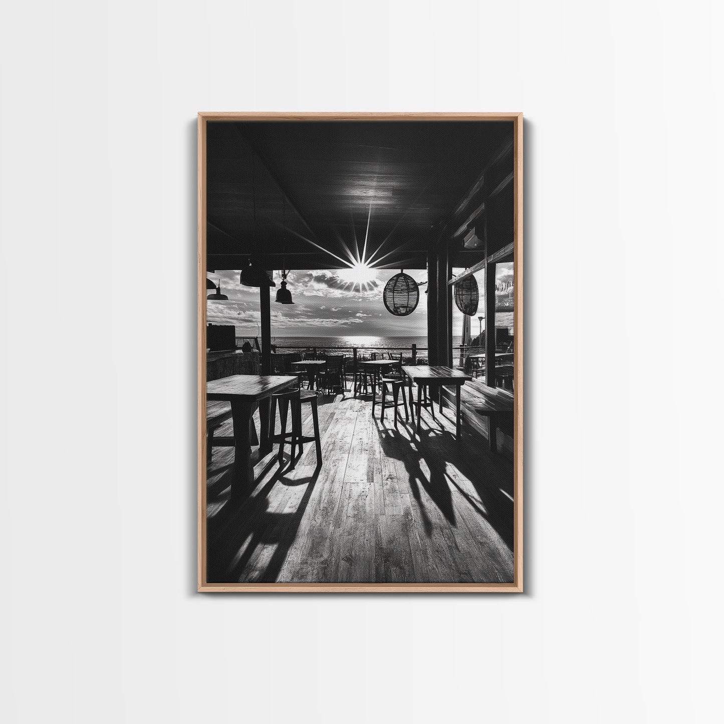 Ocean, Deck, Sunset, Rays - Golden hour beach bar shadows, Canvas Print, perfect dining room or kitchen wall art, rustic coastal decor