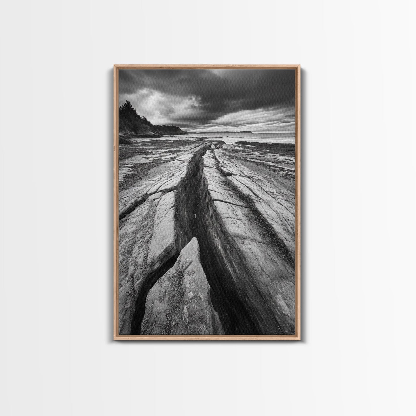 Coastal Rock Divide, Nature Pathway, Moody Beach Print, Living Room Decor, Framed Canvas Print, Minimalist Earthy Wall Art, Den Decor