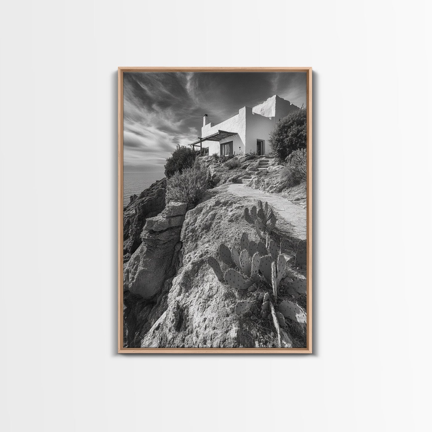 Cliffside Villa, Mediterranean Home, Desert Garden, Rustic Landscape Print, Framed Canvas Print, Modern Boho Living Room Art