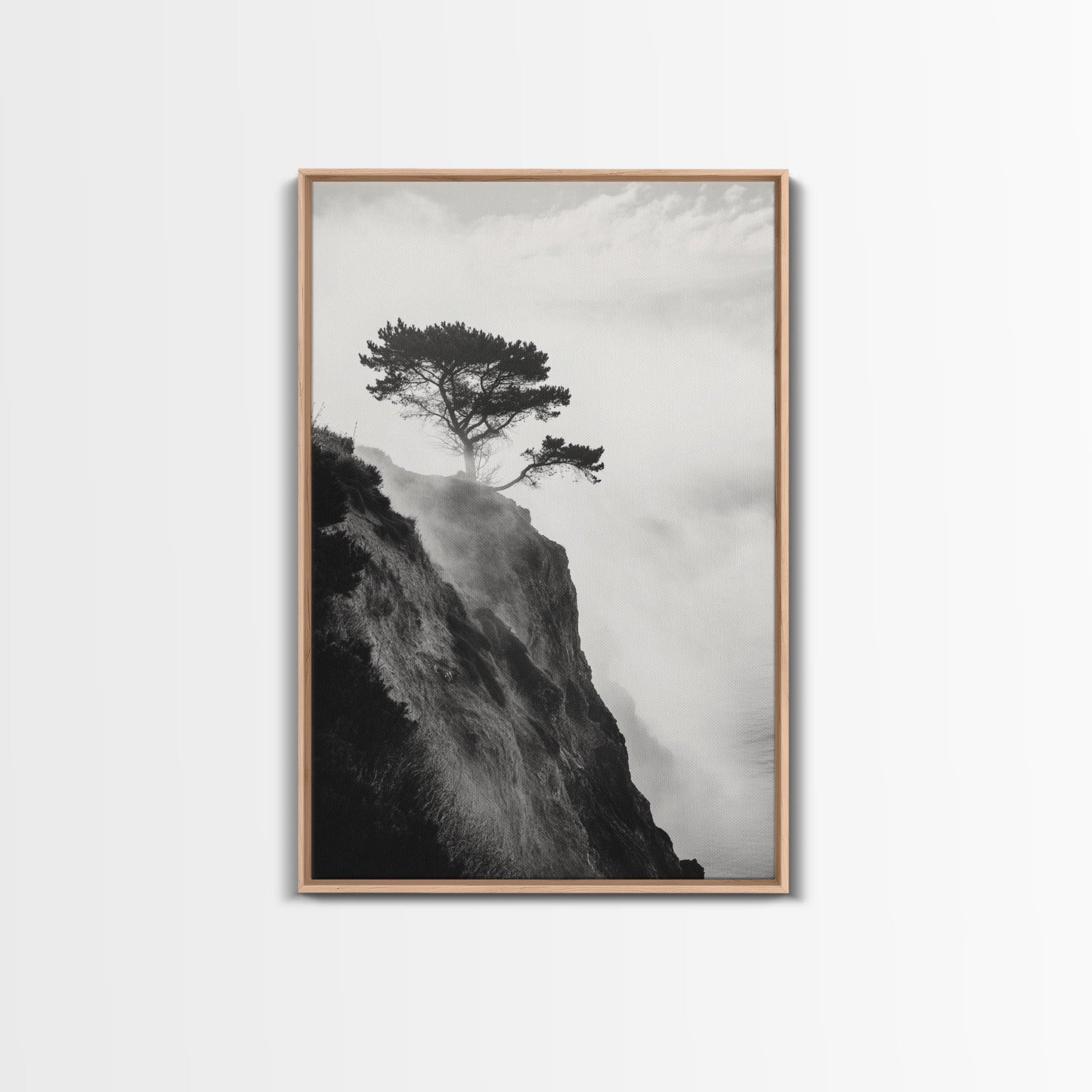 Lone Cliff Tree, Foggy Landscape, Nature Wall Decor, Framed Canvas Print, Minimalist Tree Art, Tranquil Living Room Wall Art