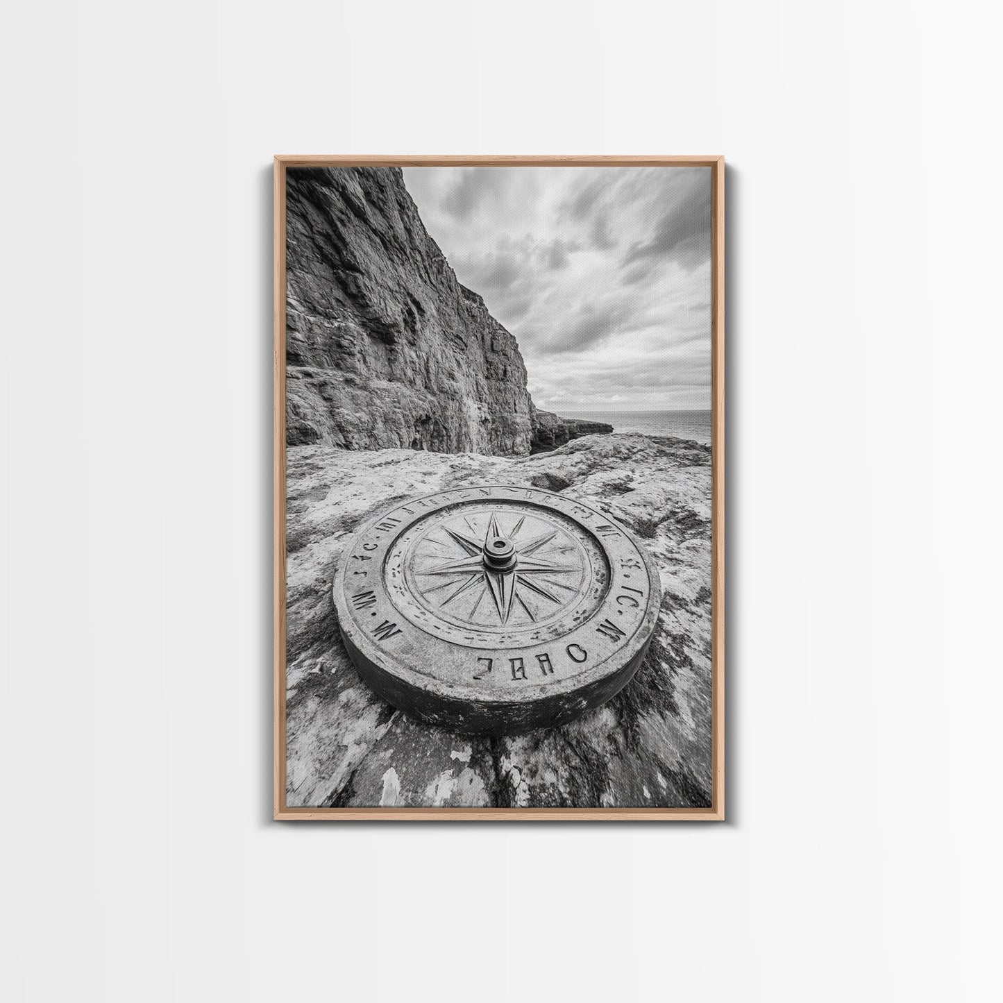Compass On Cliff, Adventure Travel Art, Nautical Wall Decor, Framed Canvas Print, Rustic Office Art, Nature Explorer Gift Idea