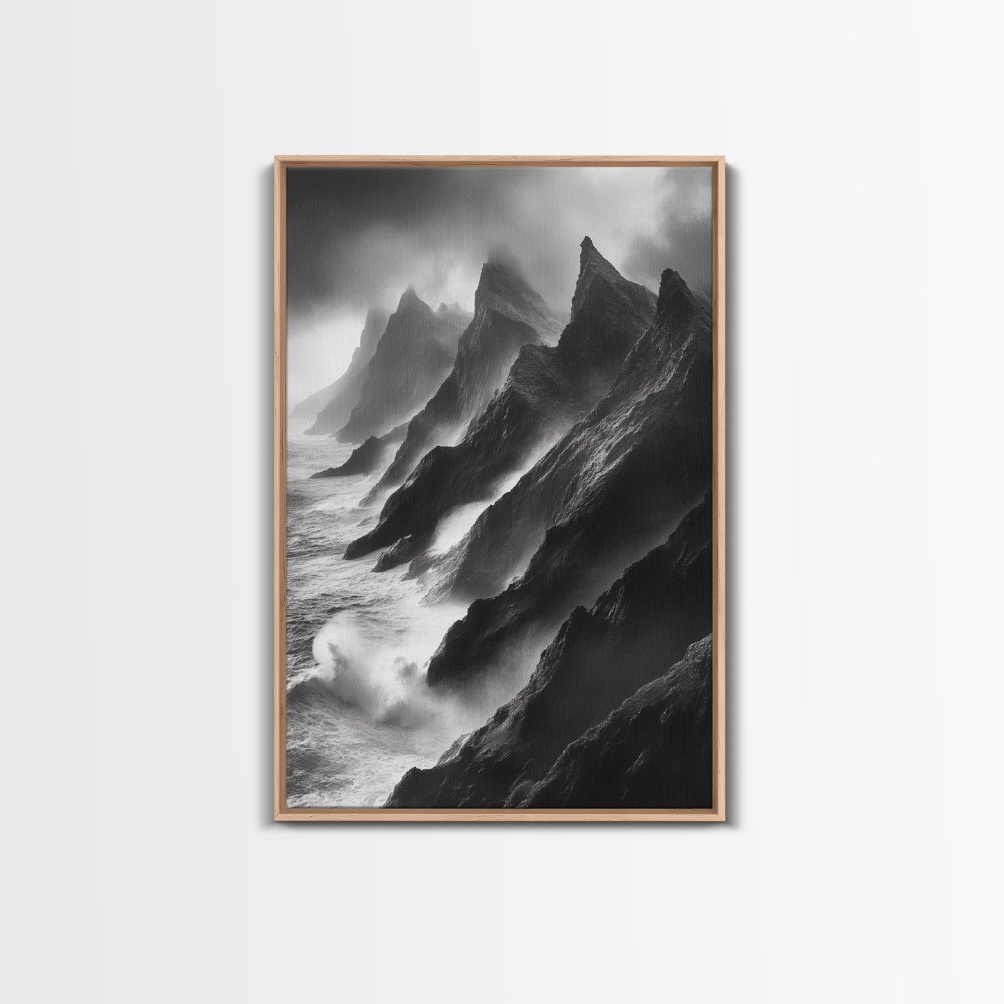 Jagged Cliff Coast, Stormy Ocean Scene, Dramatic Nature Art, Black White Photography, Framed Canvas Print, Office Wall Art, Coastal Decor