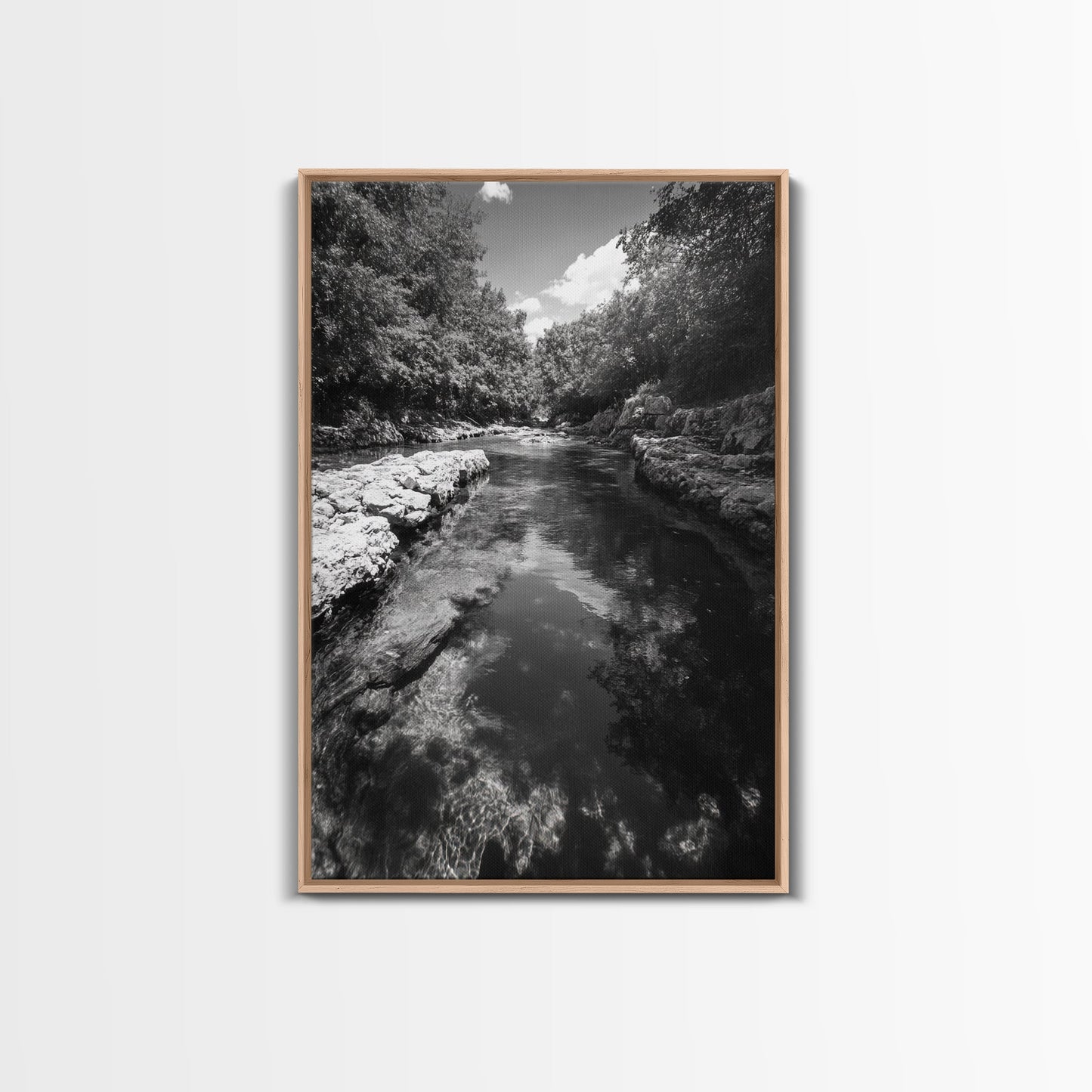 River Reflection, Nature Calm, Forest Stream, Canvas Print, Black and White Landscape Wall Art, Rustic Bathroom Decor, Tranquil Home Vibe