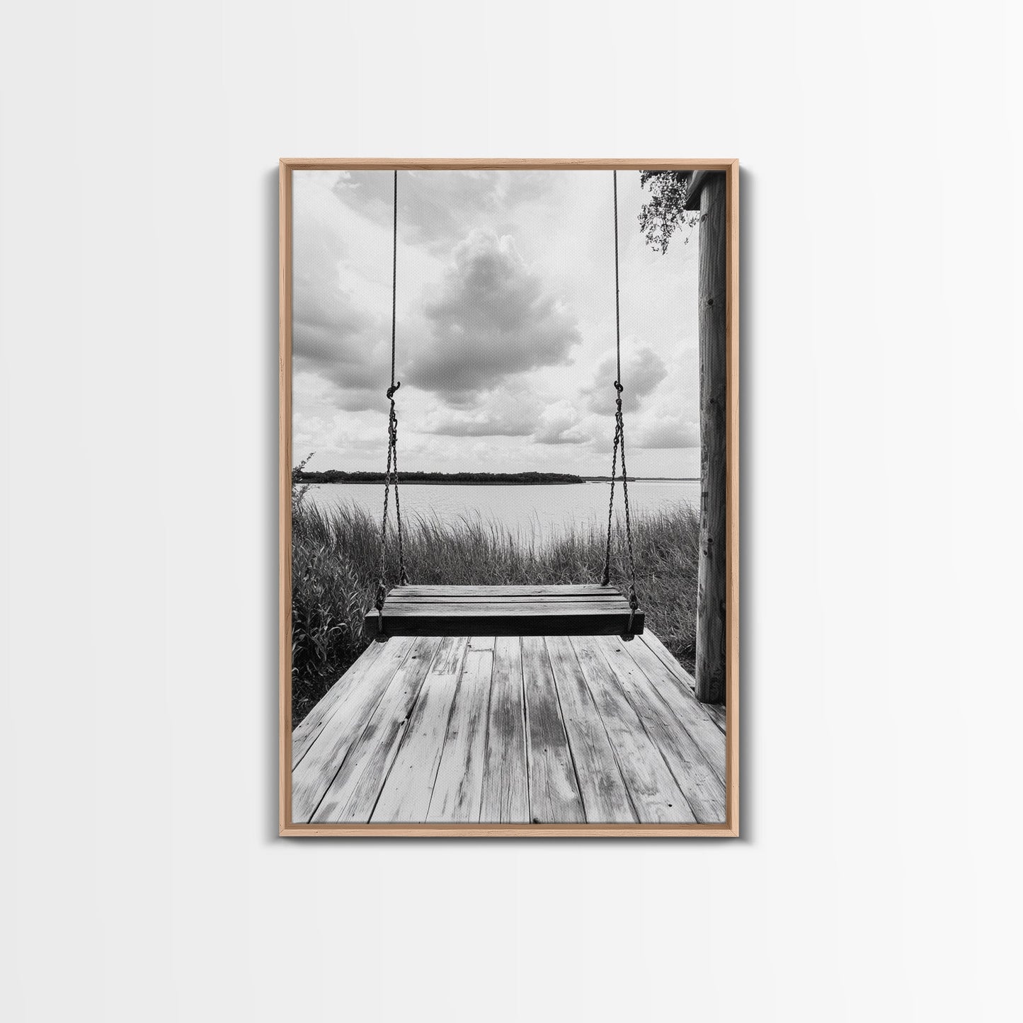 Lake Swing, Cloudy Sky, Calm View, Framed Canvas Print, Farmhouse Wall Art, Serene Kitchen Decor, Rustic Black and White Photography