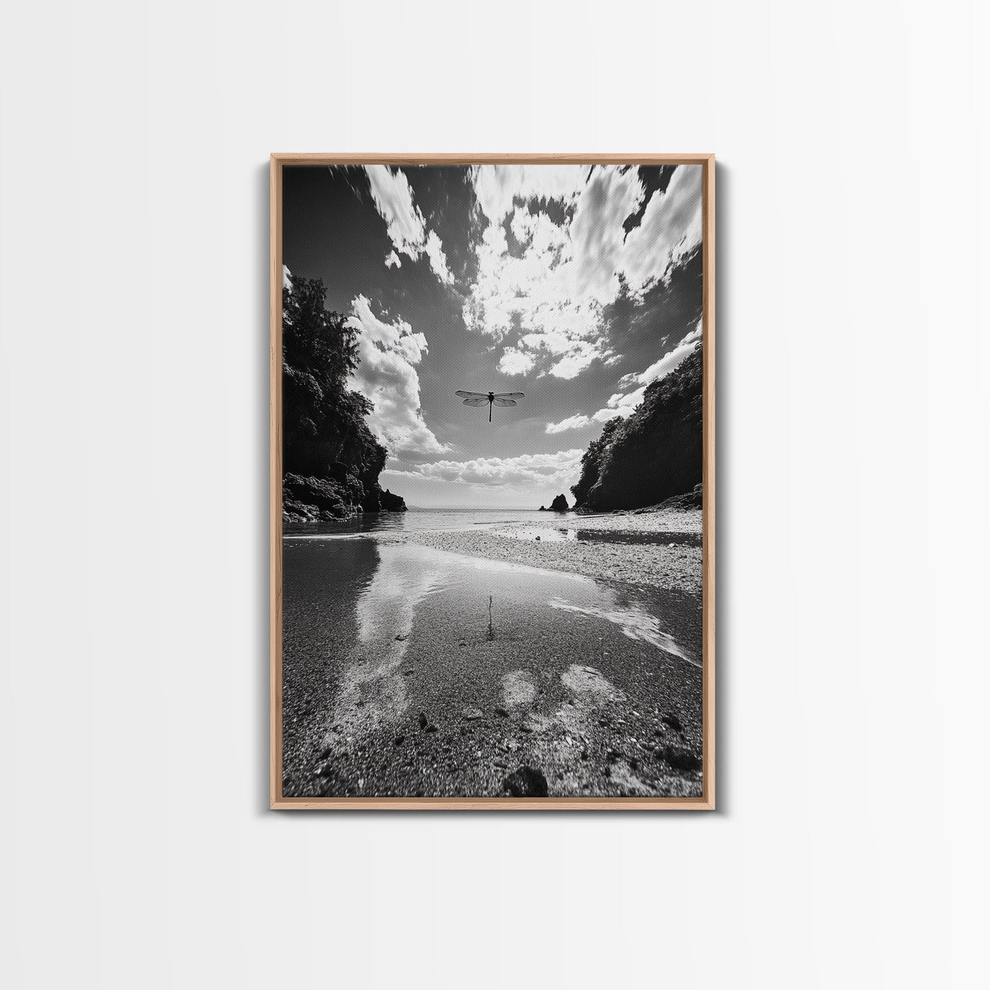 Dragonfly Flight, Beach View, Nature Dream, Framed Canvas Print, Whimsical Wall Art, Surreal Living Room Decor, Black and White Nature Style