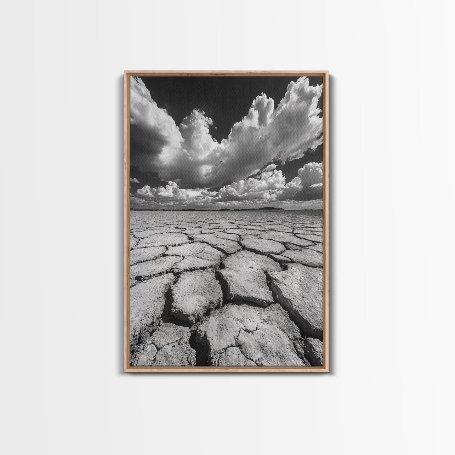 Cracked Earth, Storm Sky, Desert View, Framed Canvas Print, Dramatic Landscape Art, Modern Living Room Decor, Moody Minimalist Wall Art