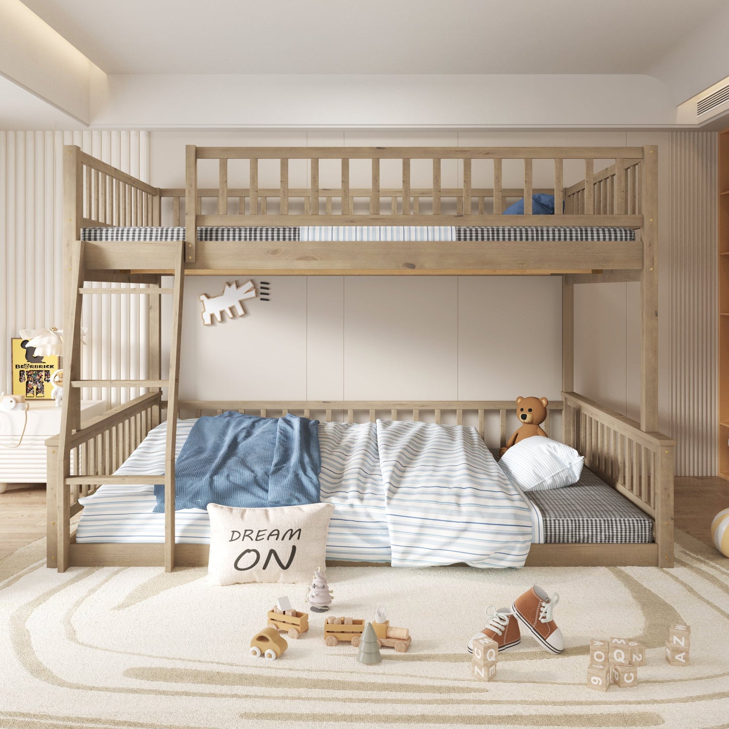 Full XL Over Queen Bunk Bed with Ladder and Guardrails