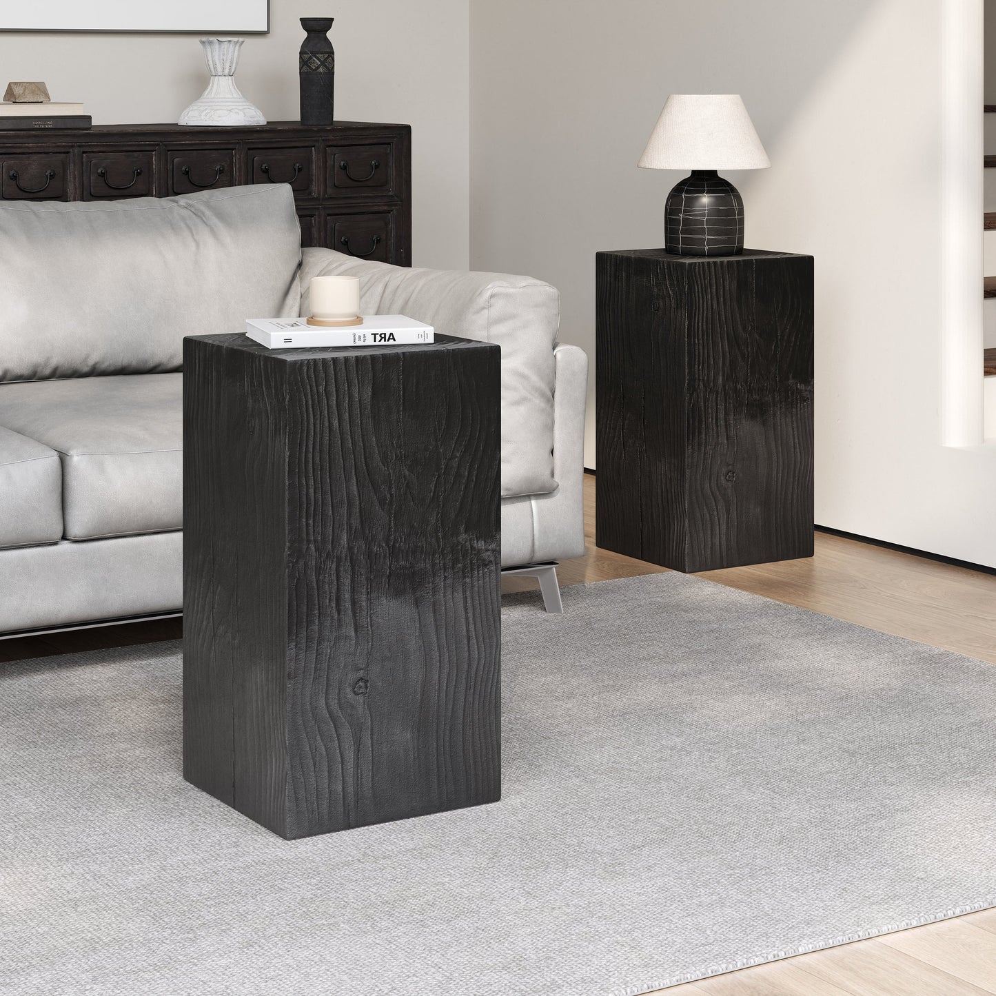 Wood-Look Square-Column MGO End Table,  H27.75',Wood-Like Distressed Finish, Mix with Different Heights, Indoor Outdoor Use,Black Color