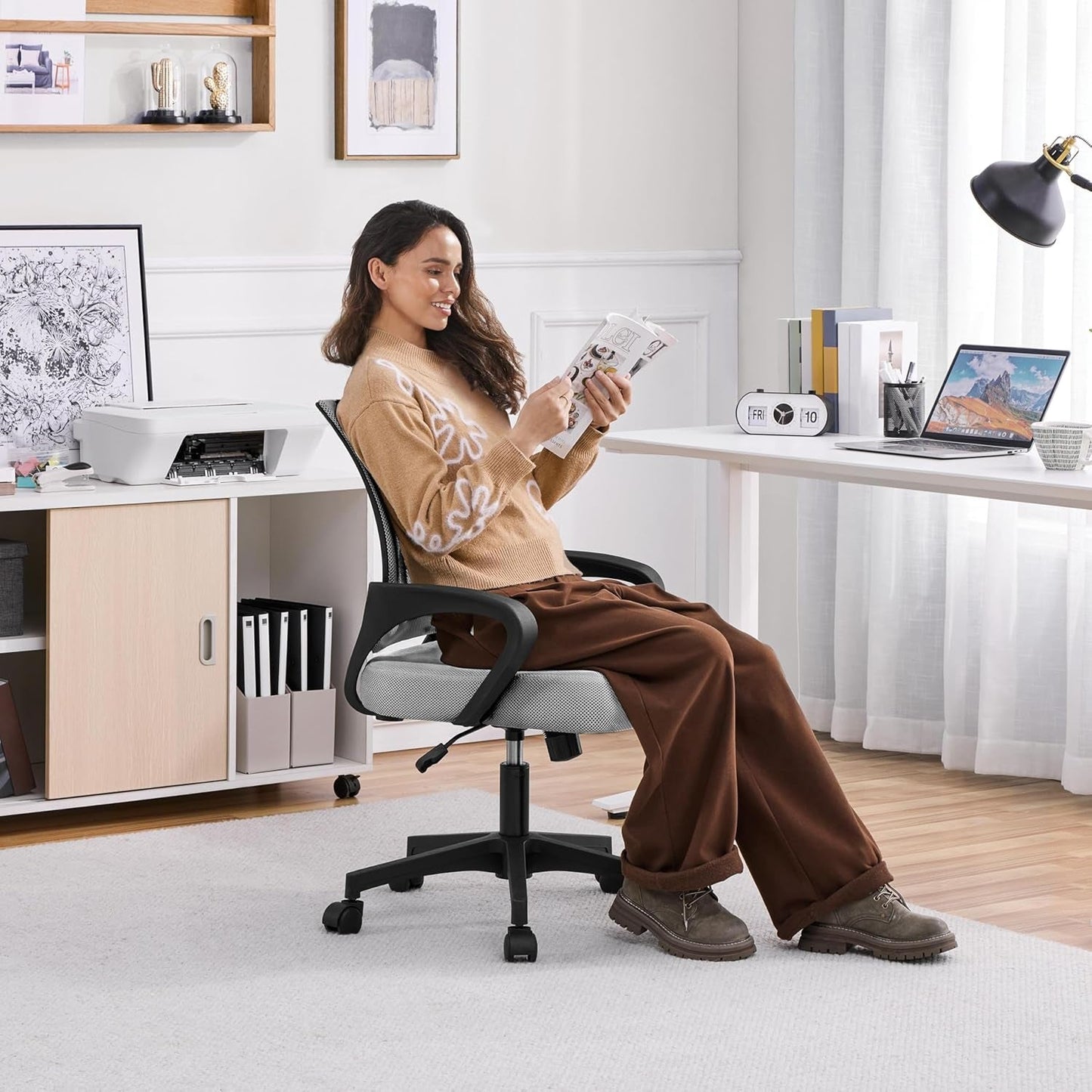 Two Pack Ergonomic Mesh Office Chairs With Lumbar Support And Adjustable Height Swivel Rolling Task Chairs Grey