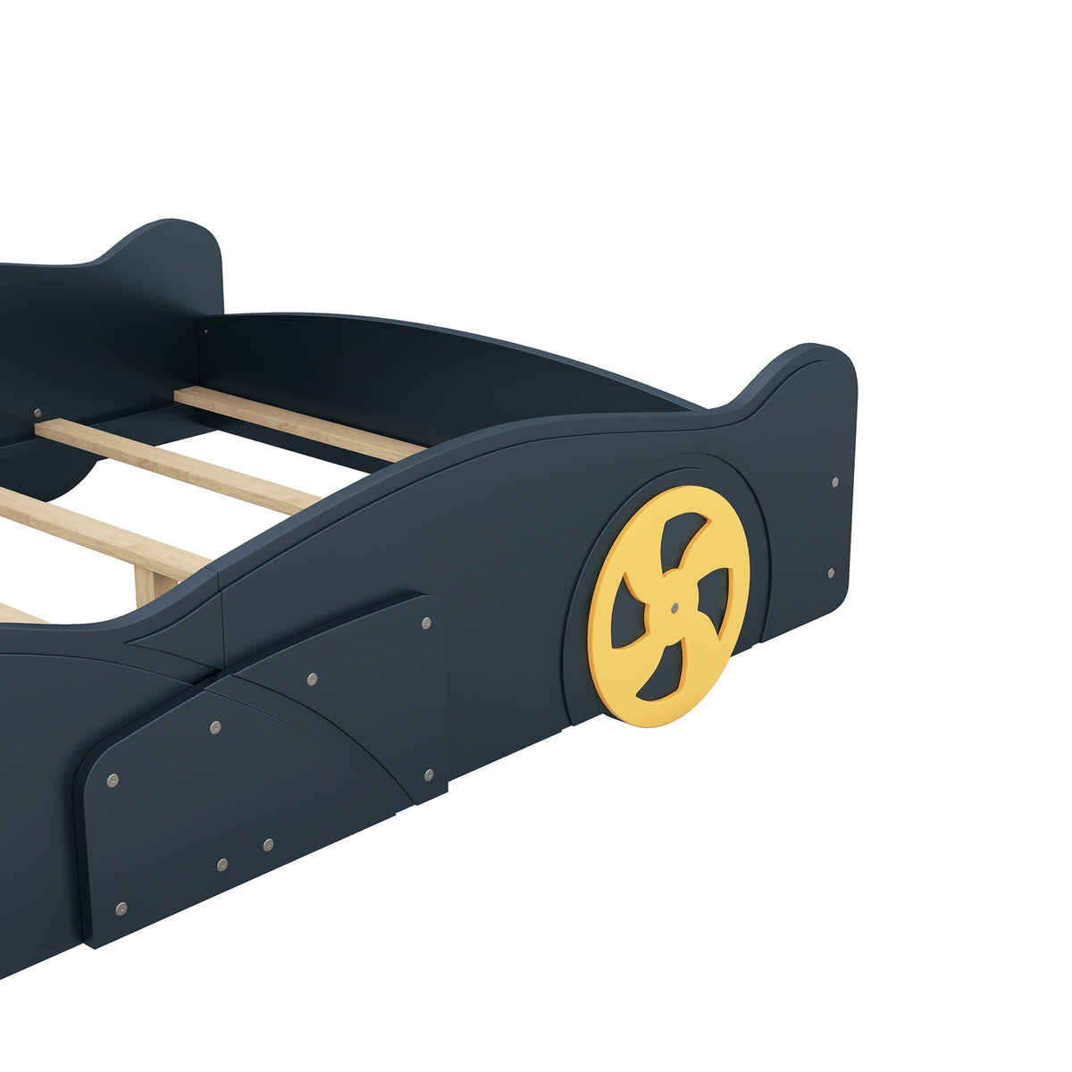 Full Size Race Car-Shaped Platform Bed with Wheels and Storage, Dark Blue+Yellow