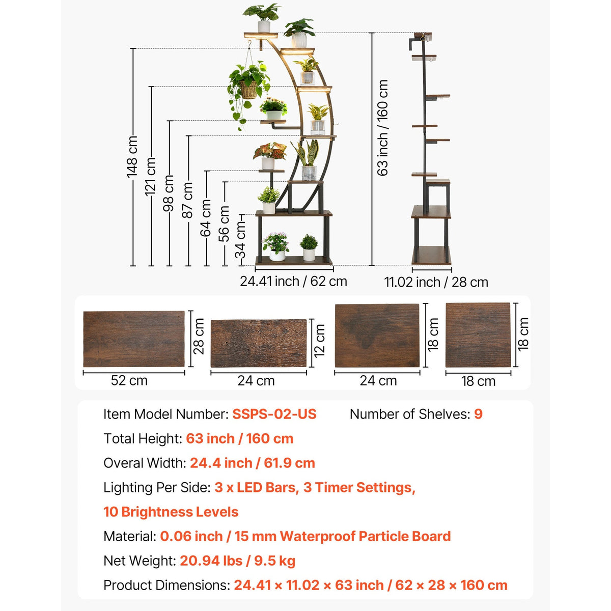 Plant Stand Indoor with Grow Lights, 63 in Tall 9-Tier Lighted Plant Shelf, Metal Corner Plants Holder, 3 Timer & 10 Brightness, Curve-Shaped Flower Display Rack for Living Room Balcony Decor