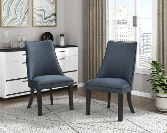 Blue Textured Fabric Upholstered Side Chairs Set of 2, Dark Walnut Finish Wooden Legs Modern Dining Kitchen Furniture