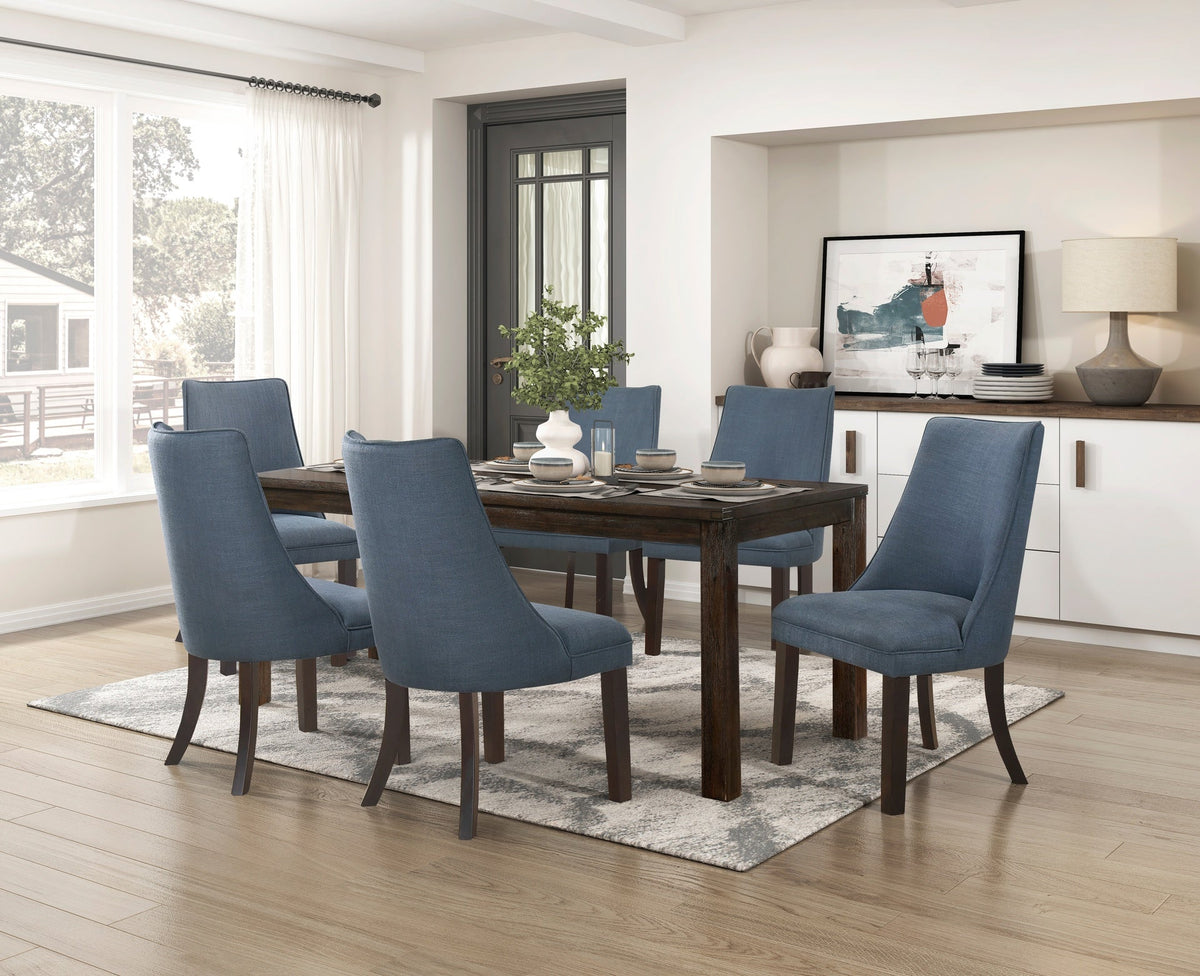 Blue Textured Fabric Upholstered Side Chairs Set of 2, Dark Walnut Finish Wooden Legs Modern Dining Kitchen Furniture